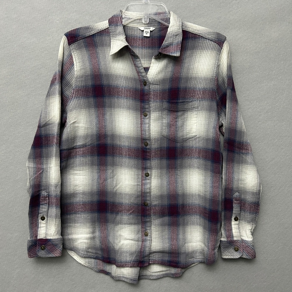 Sonoma Womens Medium Button Front Shirt Purple Plaid Cotton Rayon Flannel Style